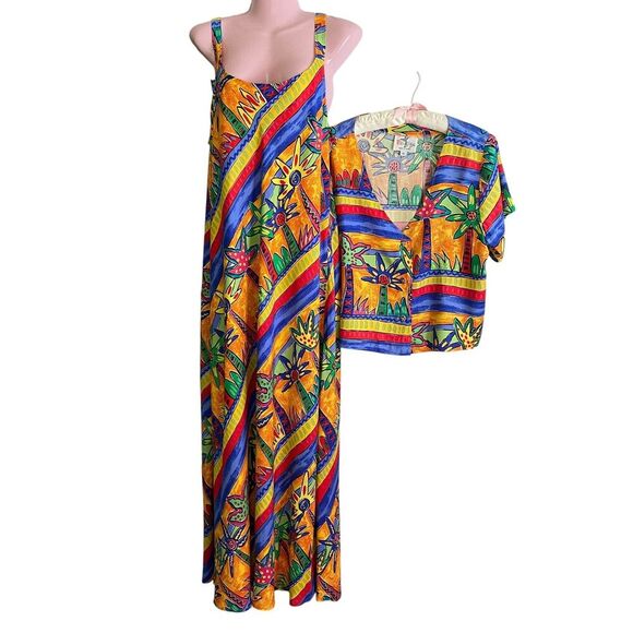 Vintage Palm Bay Dress Womens XL Tropical Maxi Jacket Set Made Hawaii 90s - Picture 5 of 8
